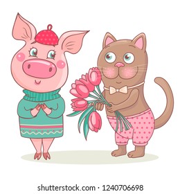 Cute cat gives a bouquet of pink tulips to the pig. Romantic pig is wearing a sweater and beret. She is very happy. Perfect design for a romantic greeting card on Valentine's Day, March 8 or birthday.