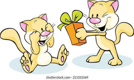 cute cat giving gift - funny illustration on white background
