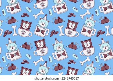 Cute cat in a glass. Bones, fish, cake, sausage, toy mouse and bell icon pattern