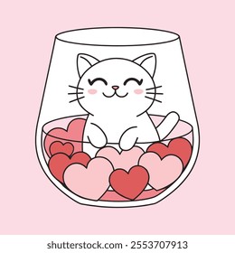 Cute Cat in Glass with Hearts Illustration