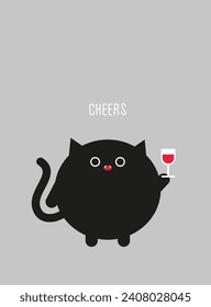 Cute cat with a glass of wine. Cheers. Flat color vector illustration.