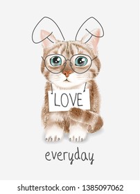 cute cat in glasses and bunny ears with love sign hanging on neck illustration