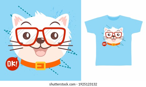 Cute cat with glasses cartoon illustration t-shirt design vector