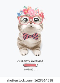 Cute Cat In Glasses And Floral Crown Illustration