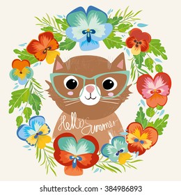 cute cat with glasses in a flower wreath. hello summer. vector illustration fashion baby, retro kitty. very beautiful cat, summer print with a cat