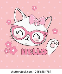 Сhildish cute cat with glasses, greeting card. Animal kitten cute vector for kids t-shirt print