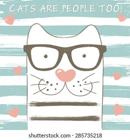 Cute cat with glasses. Grunge effect can be edited or removed. Vector EPS10 illustration. 