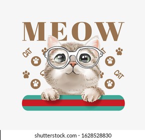 cute cat in glasses hanging on stripe tape illustration