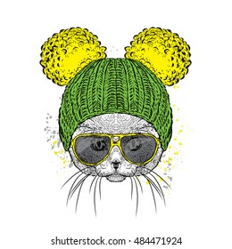 Cute cat in a glasses and hat.  for a card or poster. Vector . Cat.