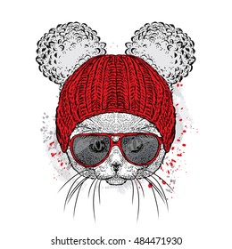 Cute cat in a glasses and hat.  for a card or poster. Vector . Cat.