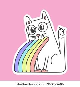 cute cat in glasses in kawaii style puke rainbow - sticker on pink