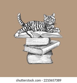 
 Cute cat with glasses lies on a stack of books. Hand-drawn vector illustration in vintage style. 