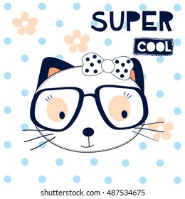 cute cat with glasses on polka dots background, T-shirt graphics for kids vector illustration