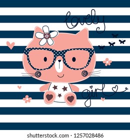 cute cat with glasses on striped background vector illustration, T-shirt graphics design for girls