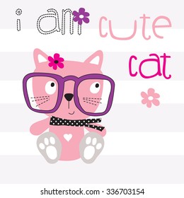 cute cat with glasses on striped background vector illustration