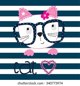 cute cat with glasses on striped background vector illustration