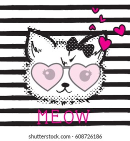 cute cat with glasses on striped background, T-shirt graphics for kids vector illustration