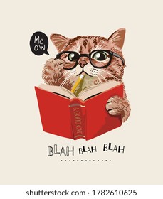 cute cat in glasses reading a book illustration