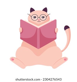 Cute cat in glasses reading book flat vector icon illustration. Cat study isolated on white background. Flat Cartoon Style