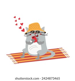 Lindo gato en gafas está descansando y hablando por teléfono, enviar un mensaje a los amigos. Gatito feliz, turista divertido en sombrero sentado en la alfombra. Caricatura, ilustración vectorial dibujada a mano. Diseño plano