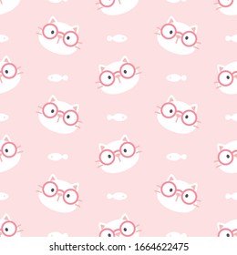 Cute cat with glasses seamless background repeating pattern, wallpaper background, cute seamless pattern background