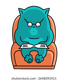 Cute cat in glasses sits in a chair and reads a book. Intelligent domestic pet. Cartoon character. Humorous vector illustration isolated on white
