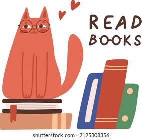 Cute cat in glasses sitting on stack of books. Scandinavian vector illustration for book store, library. Books and reading set. Academic research textbooks, clever kitty.