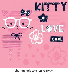 cute cat with glasses, T-shirt design vector illustration