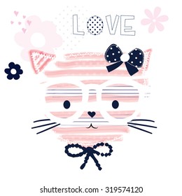 cute cat with glasses, T-shirt design vector illustration