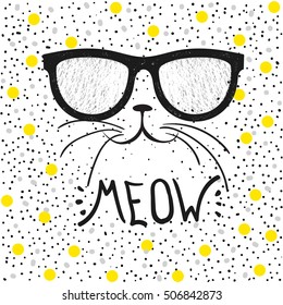 cute cat and glasses  T  shirt design for girls vector illustration