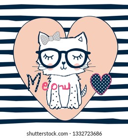 cute cat with glasses vector illustration, love card with cat, T-shirt graphics design for kids