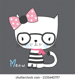 cute cat with glasses vector illustration, T-shirt graphics design for girls