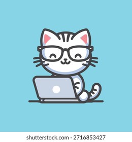 Gato lindo con los vidrios que trabajan en una historieta del ordenador portátil, Ilustración vectorial. Gato lindo usando la computadora portátil. Concepto de dibujos animados de animales aislados. Gato kawaii trabajando en ilustración de Vector de dibujos animados portátil. Icono de Tecnología Animal Concepto Aislado Premium Vector. Estilo plano de la historieta. Concepto de icono de negocio animal Vector de Premium aislado. Se puede utilizar para la camiseta, tarjeta de felicitación, tarjeta de invitación o mascota.