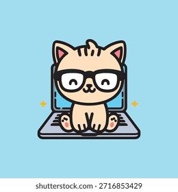 Gato lindo con los vidrios que trabajan en una historieta del ordenador portátil, Ilustración vectorial. Gato lindo usando la computadora portátil. Concepto de dibujos animados de animales aislados. Gato kawaii trabajando en ilustración de Vector de dibujos animados portátil. Icono de Tecnología Animal Concepto Aislado Premium Vector. Estilo plano de la historieta. Concepto de icono de negocio animal Vector de Premium aislado. Se puede utilizar para la camiseta, tarjeta de felicitación, tarjeta de invitación o mascota.