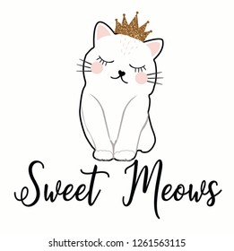 cute cat with glitter crown drawing 