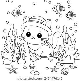 The cute cat goes exploring under sea coloring page.