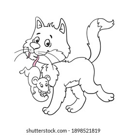  A  cute cat goes with a mouse in his mouth. Black and white outline picture in cartoon style. For coloring book. Isolated on white background. Vector illustration.