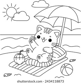 The cute cat goes on a beach vacation coloring page.