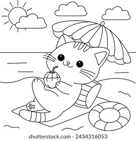 El lindo gato va en una página para colorear de vacaciones en la playa.