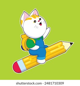 cute cat goes to school riding a giant pencil. stickers and more