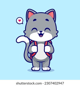 Cute Cat Going To School Cartoon Vector Icon Illustration. Animal Education Icon Concept Isolated Premium Vector. Flat Cartoon Style