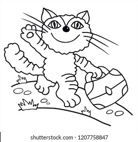 Cute cat is going to work with a working bag in his paw. On a road. Black and white vector for card or gift. For coloring. 