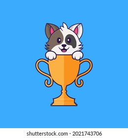 Cute cat with gold trophy. Animal cartoon concept isolated. Can used for t-shirt, greeting card, invitation card or mascot.