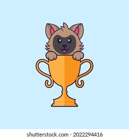 Cute cat with gold trophy. Animal cartoon concept isolated. Can used for t-shirt, greeting card, invitation card or mascot.