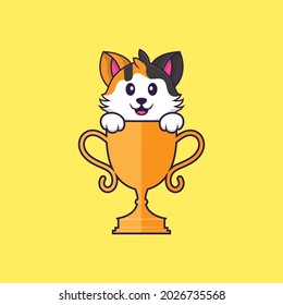 Cute cat with gold trophy. Animal cartoon concept isolated. Can used for t-shirt, greeting card, invitation card or mascot.