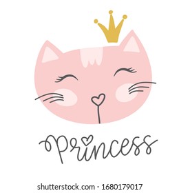 Cute cat with a golden crown and lettering text I am princess. Can be used for tshirt print, baby clothes,child wrapping paper. Creative vector girlish original design