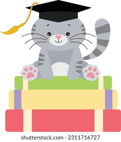 Cute cat with graduation cap sitting on top of books
