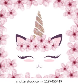 Cute cat graphic with unicorn horn and flower crown