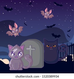 cute cat with graveyard tombstone on halloween scene