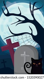 cute cat with graveyard tombstone on halloween scene